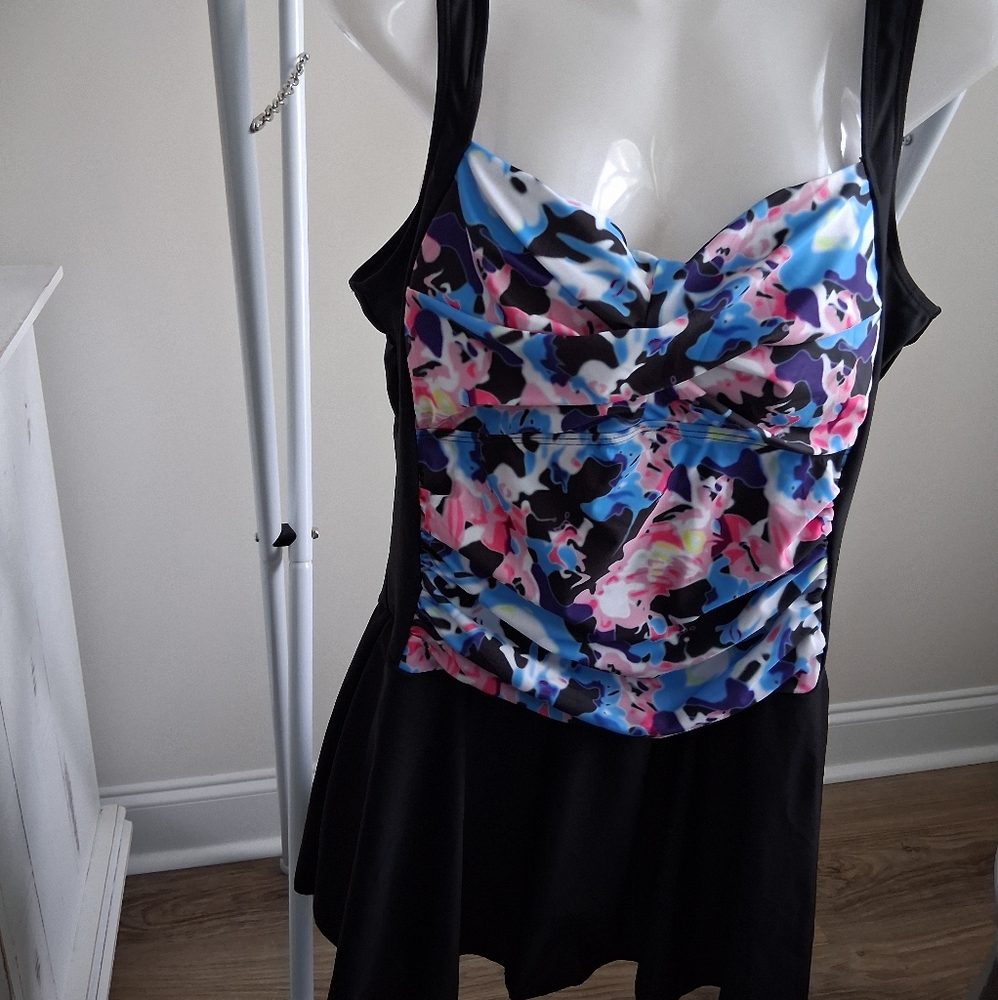 Pink, Blue & Black One-Piece Swimsuit with Abstract Floral Print